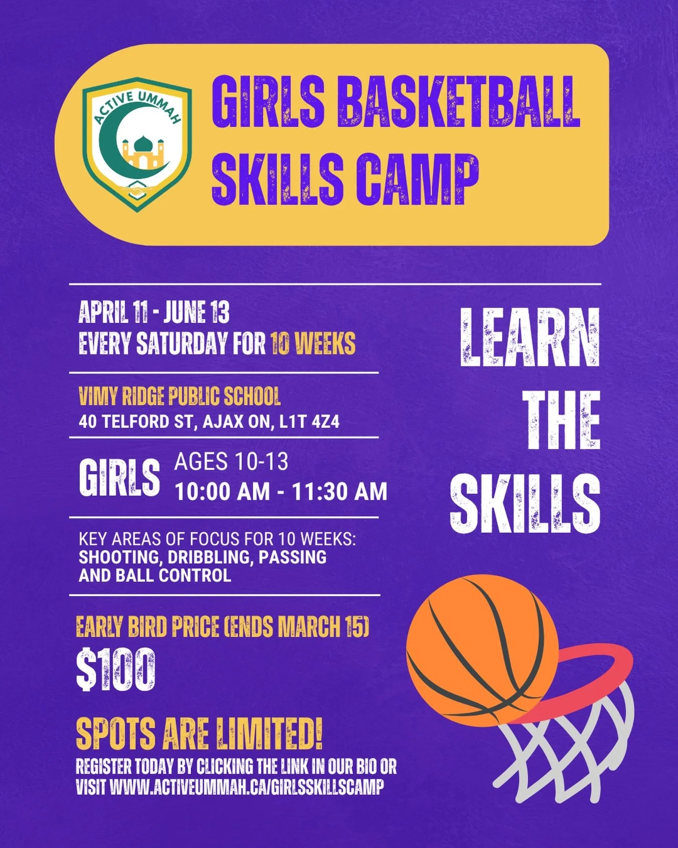 Want a chance to learn some new 🏀 skills?

We&rsquo;re excited to announce our first Girls Basketball Skills Camp is starting this April!

Here are the details:

📍Location: Vimy Ridge Public School in Ajax 
 📍 Address: 40 Telford St, Ajax ON, L4T 