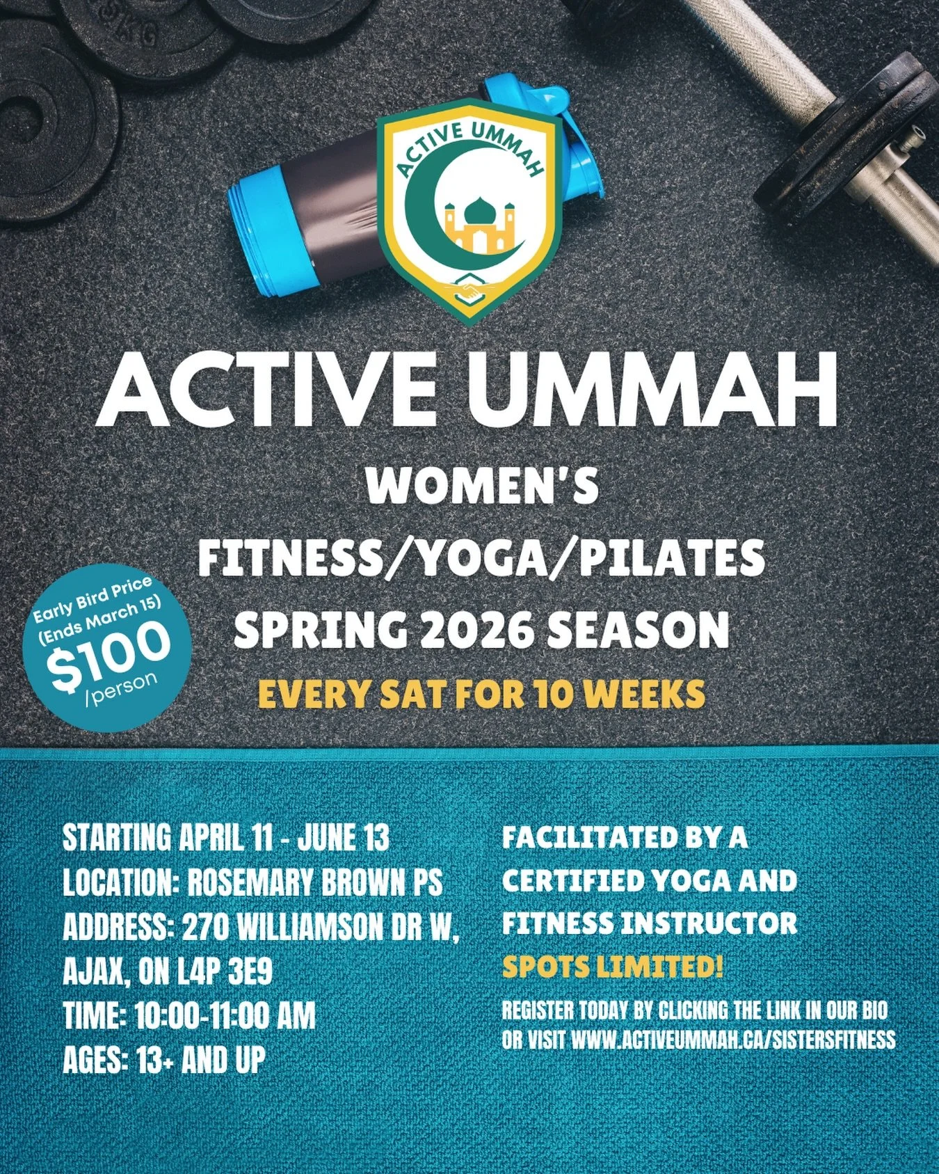 Let&rsquo;s get the Ummah Active! 🏃🏽&zwj;♀️🏃🏽&zwj;♀️🏃🏽&zwj;♀️

Active Ummah is proud to announce that our Sister Fitness Program is back this Spring! 

Here are the details:

📍Location: Rosemary Brown Public School
📍Address: 270 Williamson Dr