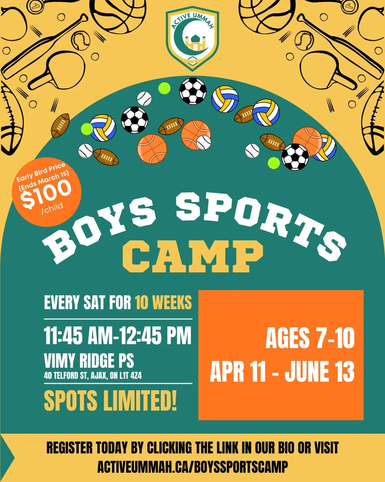 This one is for the Boys! 🏃🏾&zwj;♂️🏃🏾&zwj;♂️🏃🏾&zwj;♂️

Active Ummah is proud to announce that our Boys Sports Camp is back this Spring!

Here are the details:

📍Location: Vimy Ridge Public School
📍Address: 40 Telford St, Ajax, ON LIT 4Z4
👦🏾