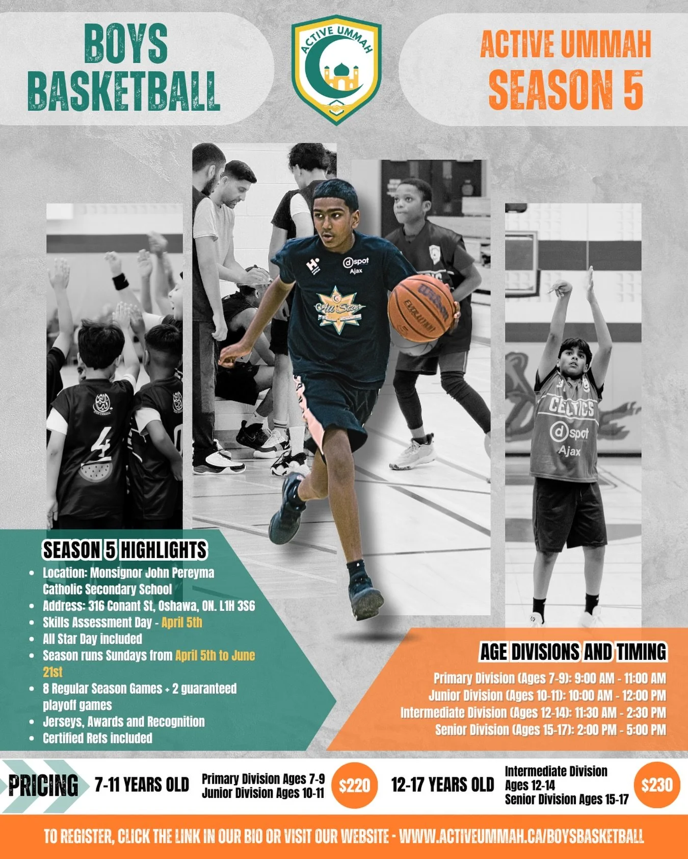 Season 5 is live! 🏀🏀🏀

We&rsquo;re happy to announce that online registration for Active Ummah Boys Basketball Season 5 is now open!

Here are the details:
* Location: Mosignor John Pereyma Catholic
Secondary School
* Address: 316 Conant St. Oshaw