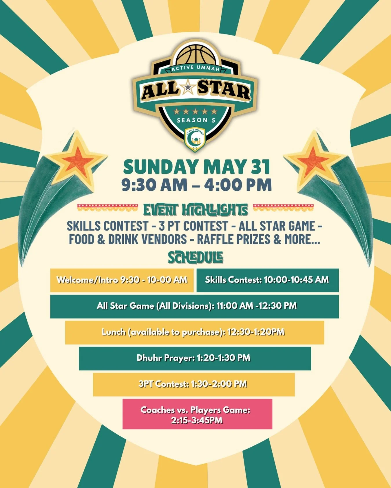 The brightest Stars will be out this Sunday! ⭐️⭐️⭐️

Active Ummah All Star Weekend will be this Sunday May 31! Complete with a 3pt Contest, All Star Game, Skills Competition, Raffles and More!

Here&rsquo;s the full breakdown of the day:

⭐️ Welcome 