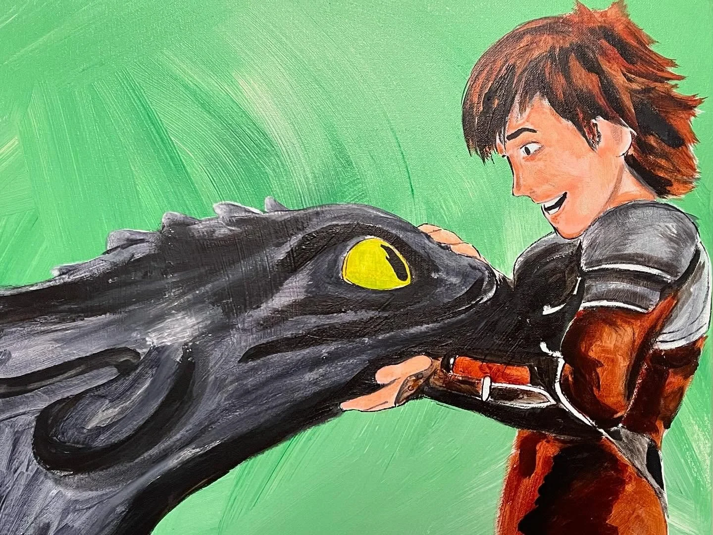 The start of a beautiful friendship, between Hiccup and Toothless. Both characters from How To Train Your Dragon are hand painted in acrylic on canvas. Comment below your favorite film in the series or DM if you are interested in purchasing this piec