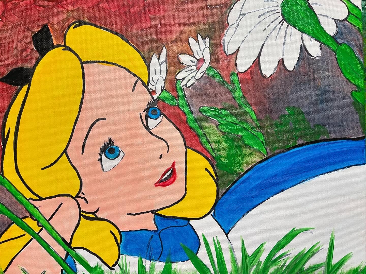 A new piece showcasing the adventurer and dreamer, Alice or Alice in Wonderland.  The classic book and animated film that follows her as she ventures through a rabbit hole and into a new world of adventure.  It is hand painted in acrylic on canvas.  