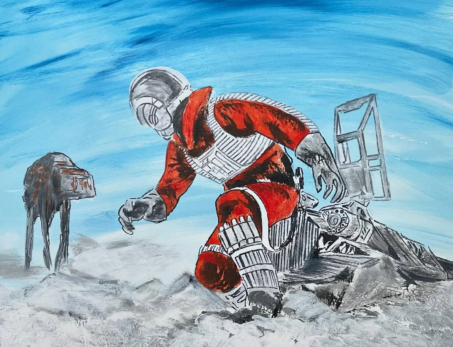 A new piece showcasing the heroic, Luke Skywalker as he faces down an AT-AT on Hoth.  It is hand painted in acrylic on canvas. Comment below your favorite film in the series or DM if you are interested in purchasing this piece or any others. #starwar