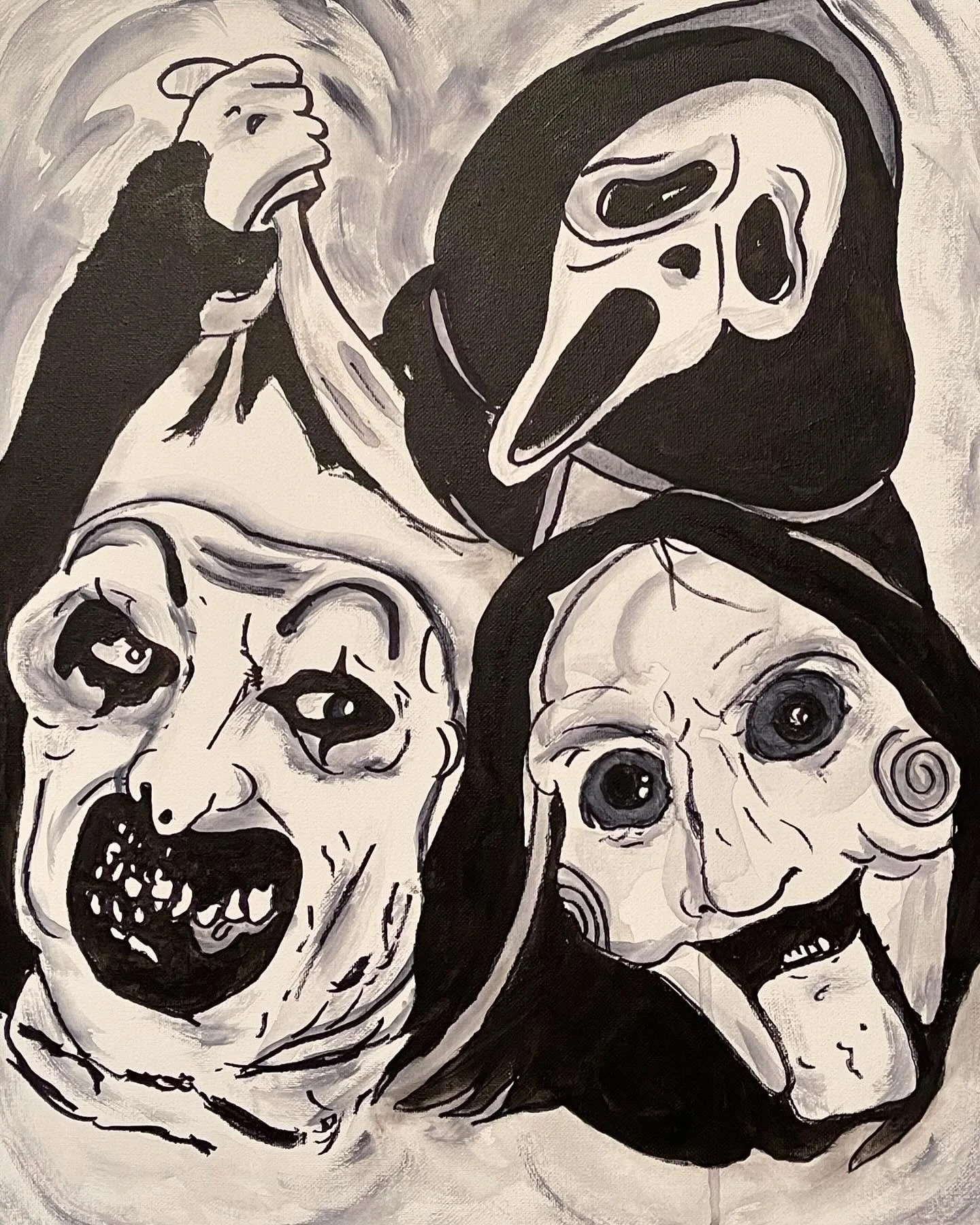 When the guys get together and want to start some trouble.  A new piece showcasing three horror icons, Art from The Terrifier Series, Ghostface from the Scream films and Billy The Puppet, the animatronic assistant of Jigsaw from the Saw films. They a