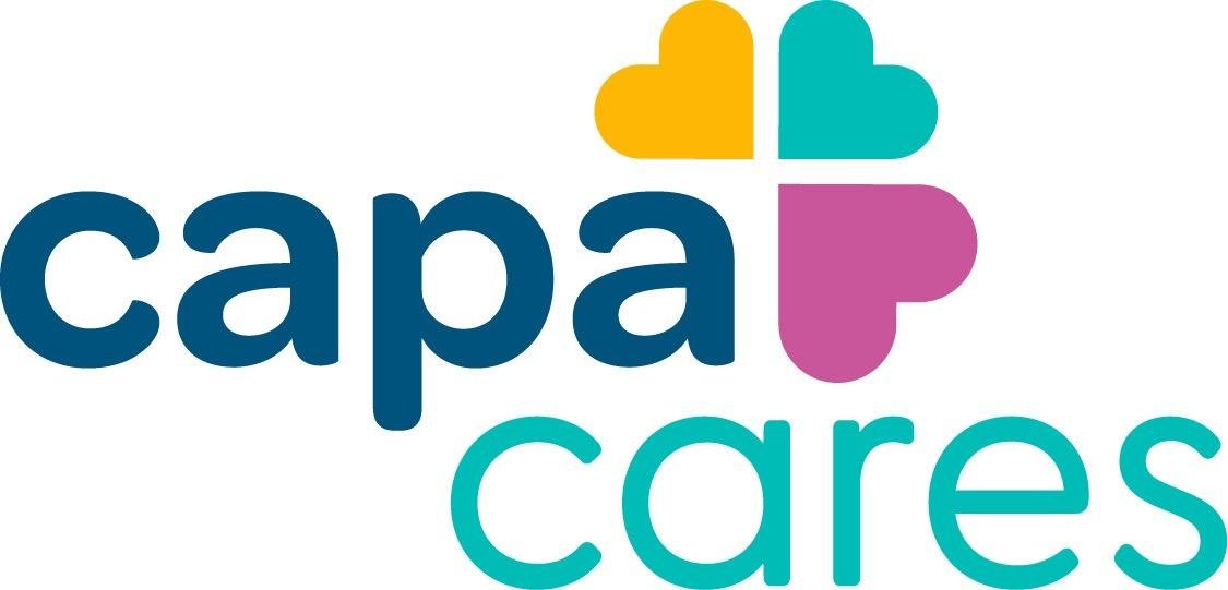 Logo for CAPA Cares featuring four colorful heart shapes arranged as a cross and the text 'capa cares' in blue and teal.