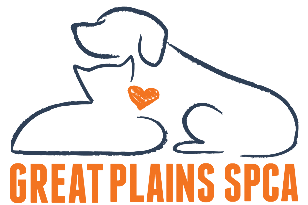 Line drawing of a dog with a small orange heart on its chest and the text 'Great Plains SPCA' in orange below.