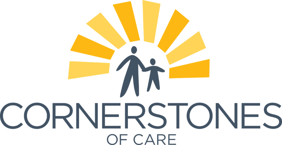 Logo for Cornerstones of Care featuring a stylized sun with yellow rays and two blue figures, an adult and a child, holding hands.