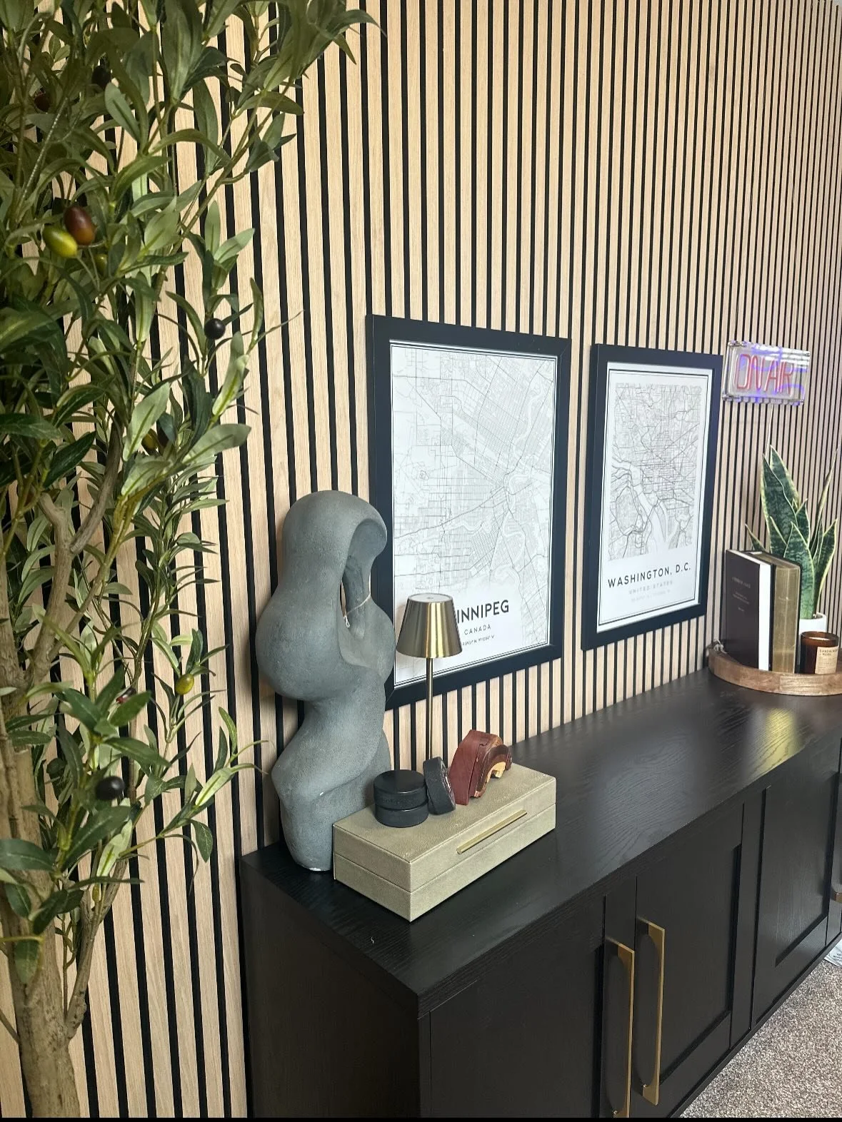 This styled podcast room was a new &amp; fun design challenge that I loved!

A podcast backdrop has to do it all:
🎥 Look great on camera
🔆 Work well with different lighting and angles
👀 Make sure there&rsquo;s some visual interest without distract