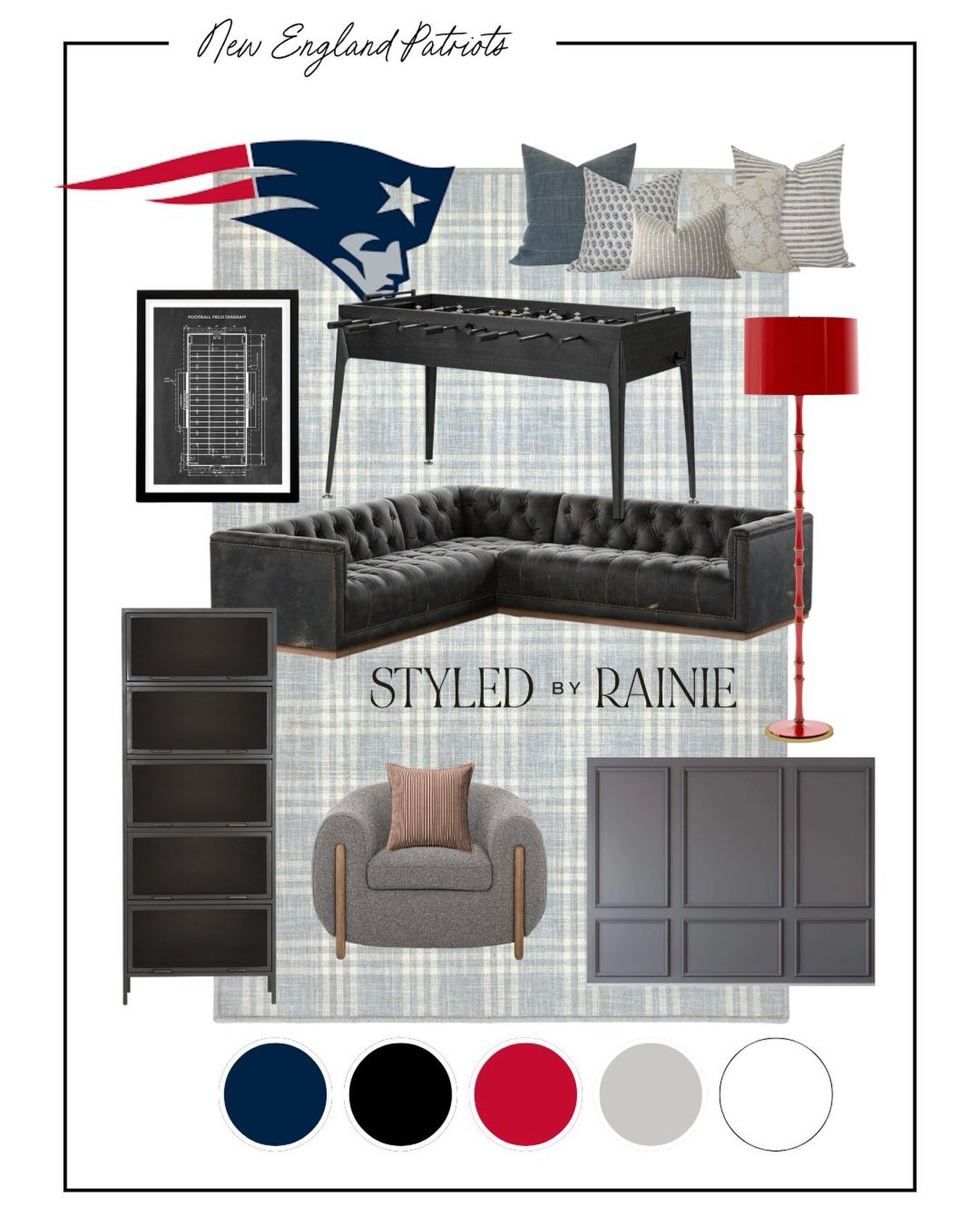 A nod to tradition, precision, and clean lines.

For this Patriots-inspired moodboard, we leaned into timeless structure.
⁠
This is sports-inspired design done in an elevated way &mdash; where the space feels intentional, collected, and ready for gam