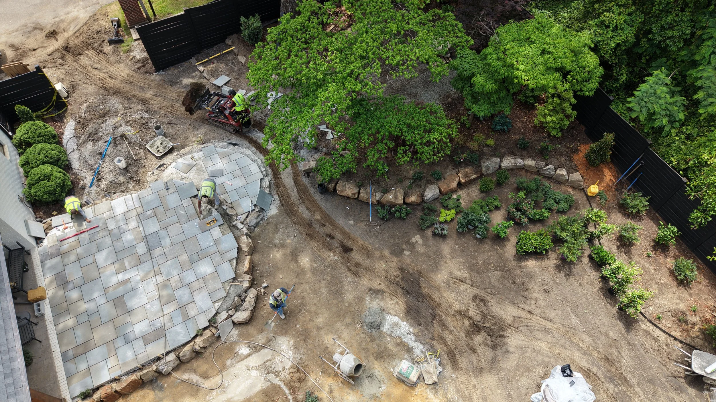 Outdoor living space under construction by Ponti Landscapes in Cary, NC