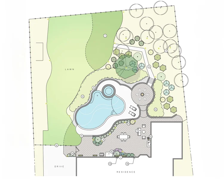 a blueprint design of a backyard with a pool with rounded edges in an upscale backyard with a circular patio and steps leading into a natural landscaped garden bed area with trees and plants, and a lawn and walking paver path