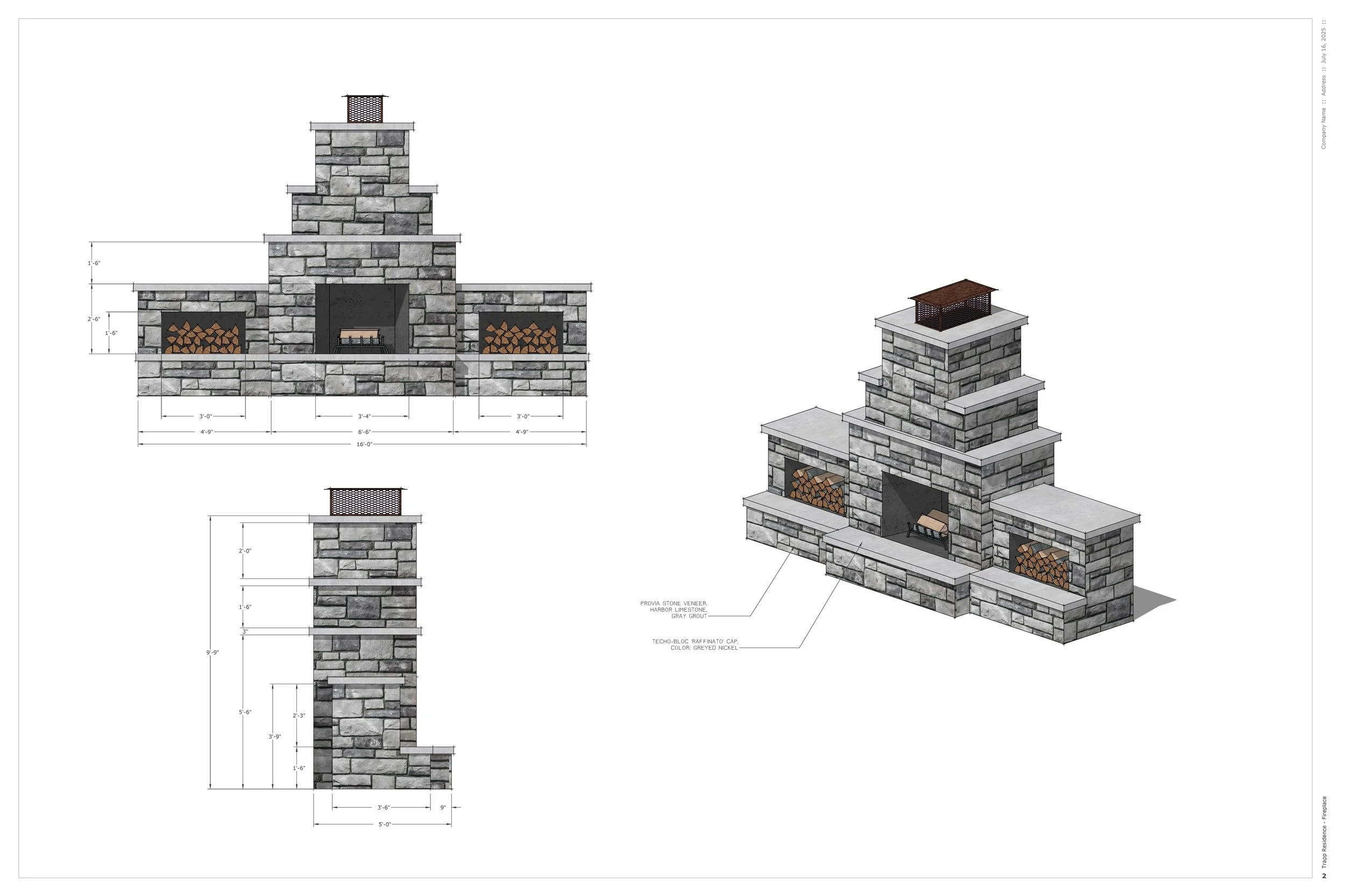 Custom outdoor fireplace rendering in Raleigh, NC