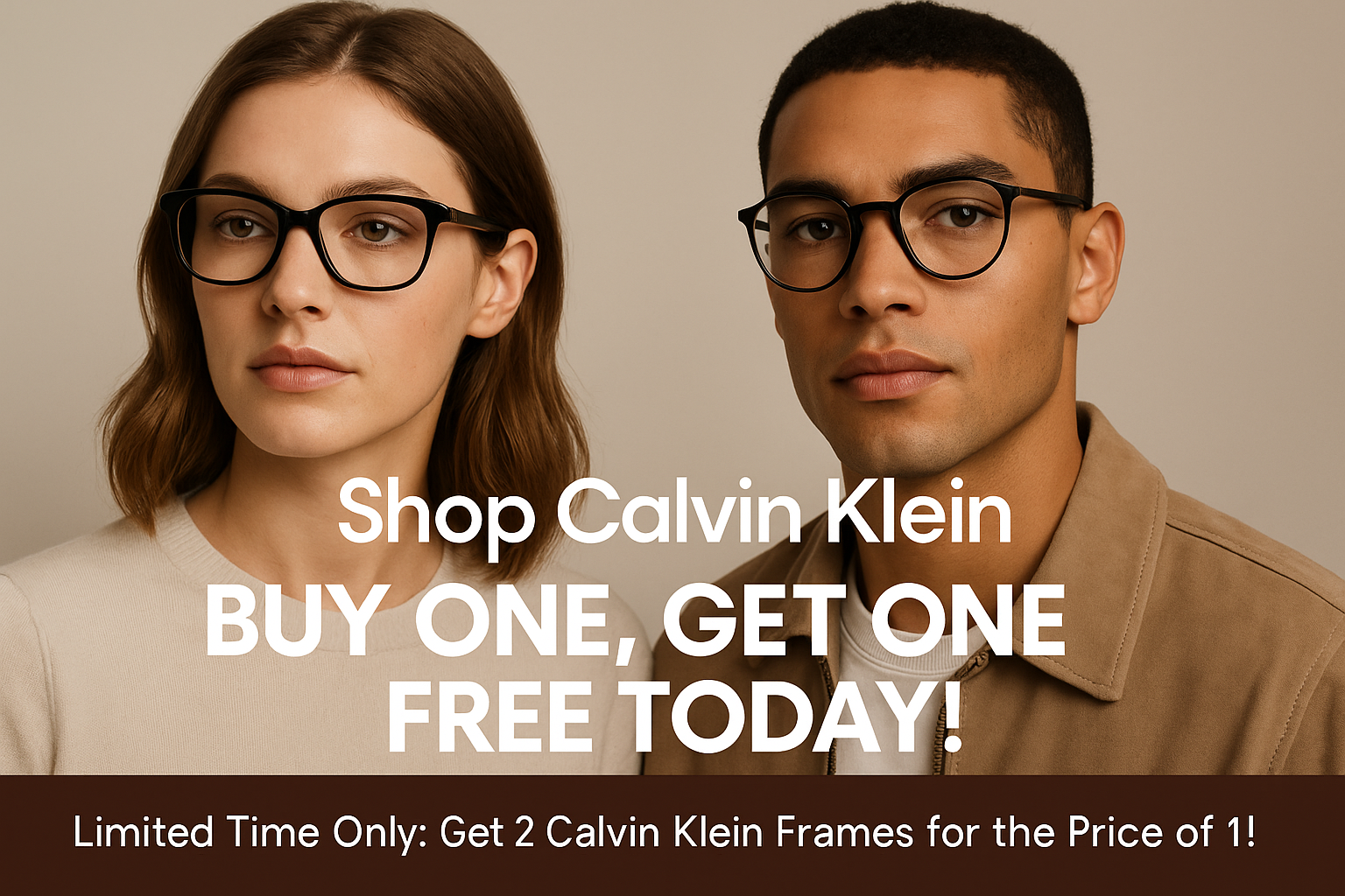 A man and woman wearing black glasses, promoting a Calvin Klein glasses sale with a buy one, get one free offer.