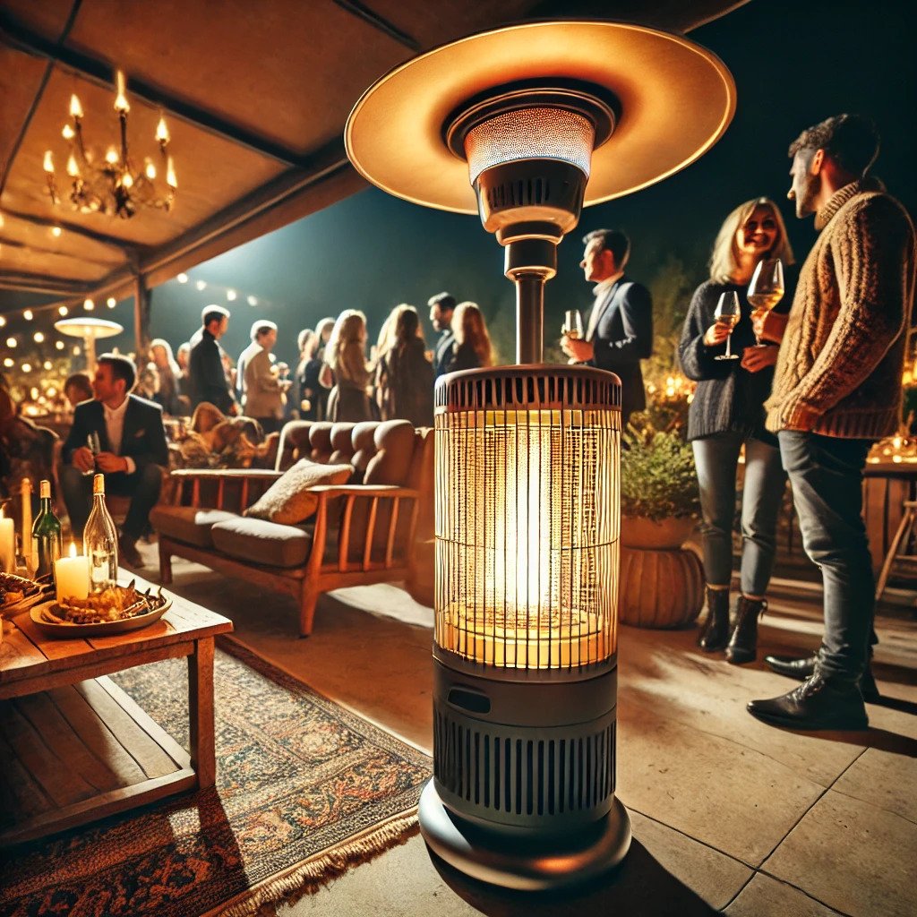 DALLΒ·E 2025-02-10 12.43.49 - An outdoor patio heater providing warmth at a nighttime event. The heater is stylish and modern, surrounded by people enjoying a cozy and comfortable .jpg