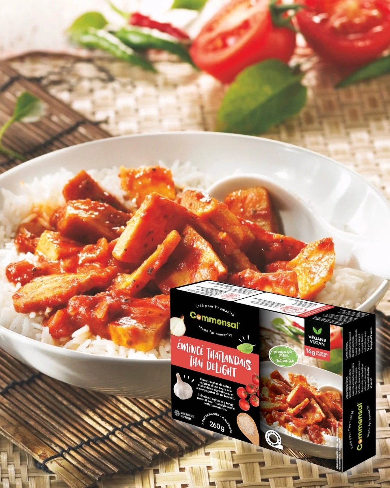 Un d&eacute;lice tha&iuml; vite pr&ecirc;t: seitan, riz et une sauce pleine de saveur. Un plat &eacute;quilibr&eacute; et d&eacute;paysant.
-

A quick Thai delight: seitan, rice, and a flavourful sauce. Balanced, satisfying, and exotic flavours in ev