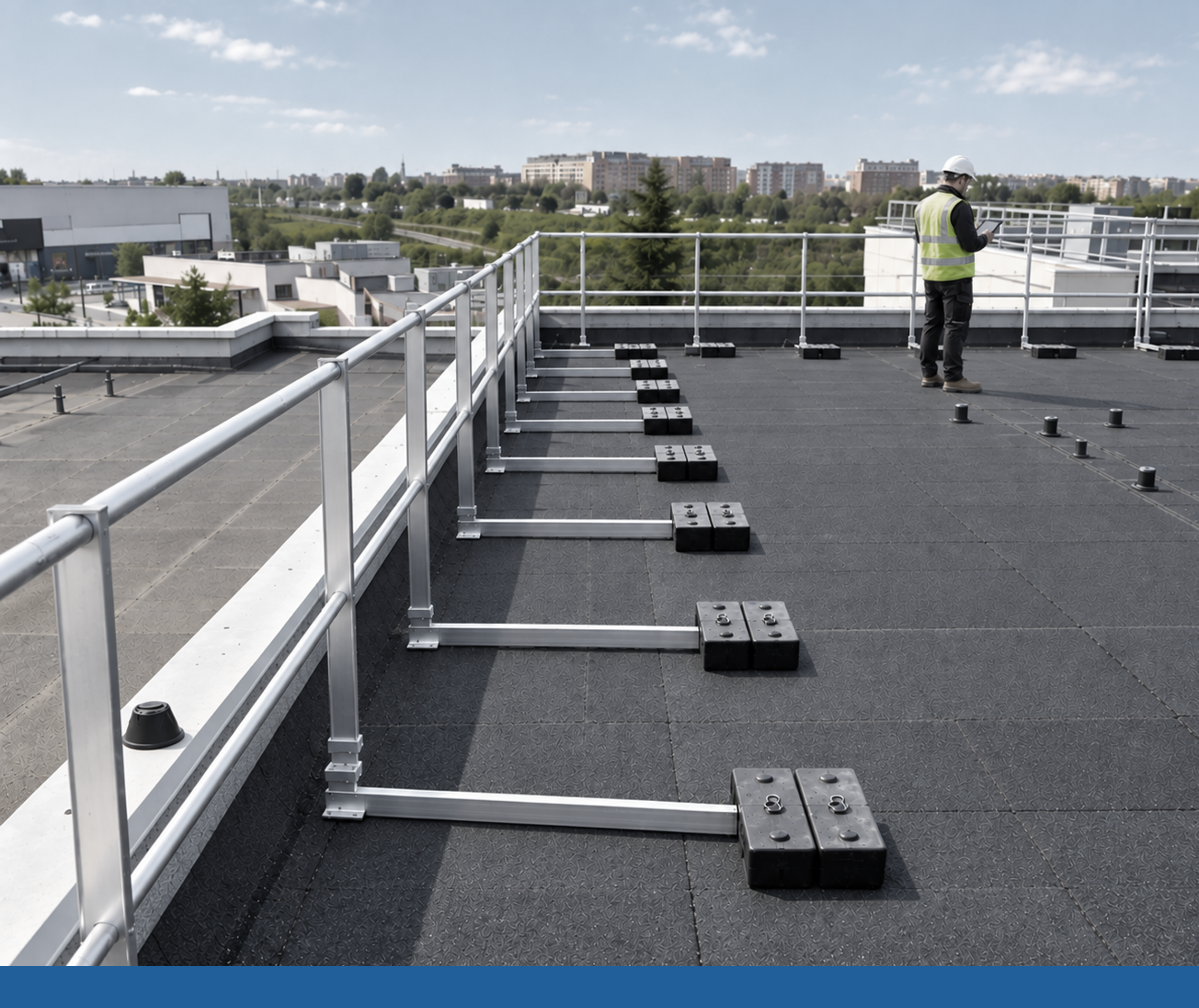 Flat roof with single-ply membrane, roof-edge guardrail and fall-protection anchor posts.
