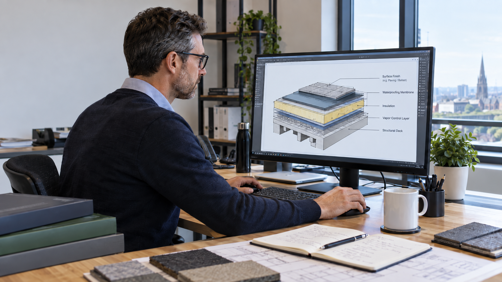 Man using desktop computer for computer aided design