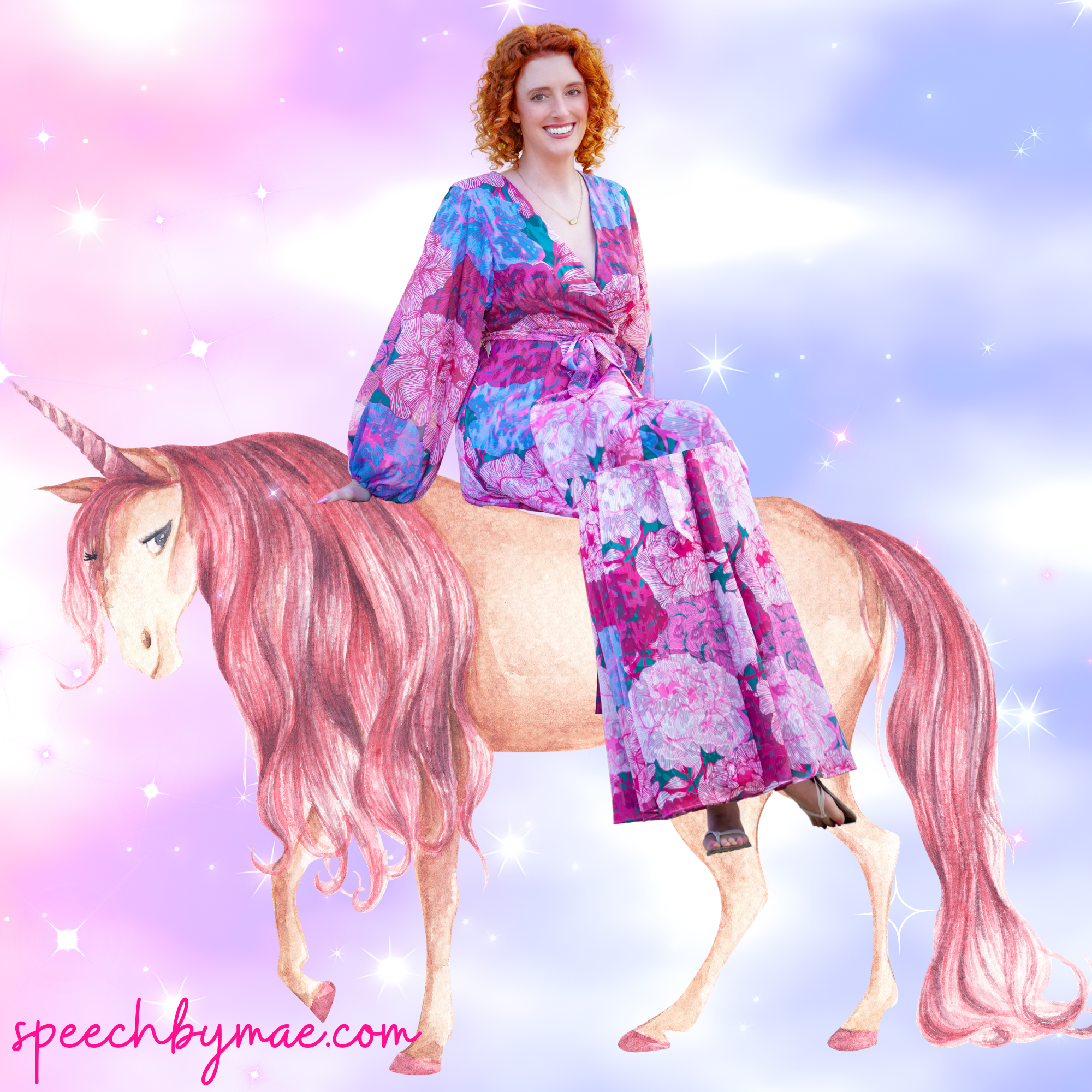 A woman with curly red hair wearing a colorful floral dress, sitting on a cartoon unicorn with a pink mane and tail. The background is a dreamy, pastel-colored sky with sparkles, and the text 'speechbymae.com' is in pink at the bottom left corner.