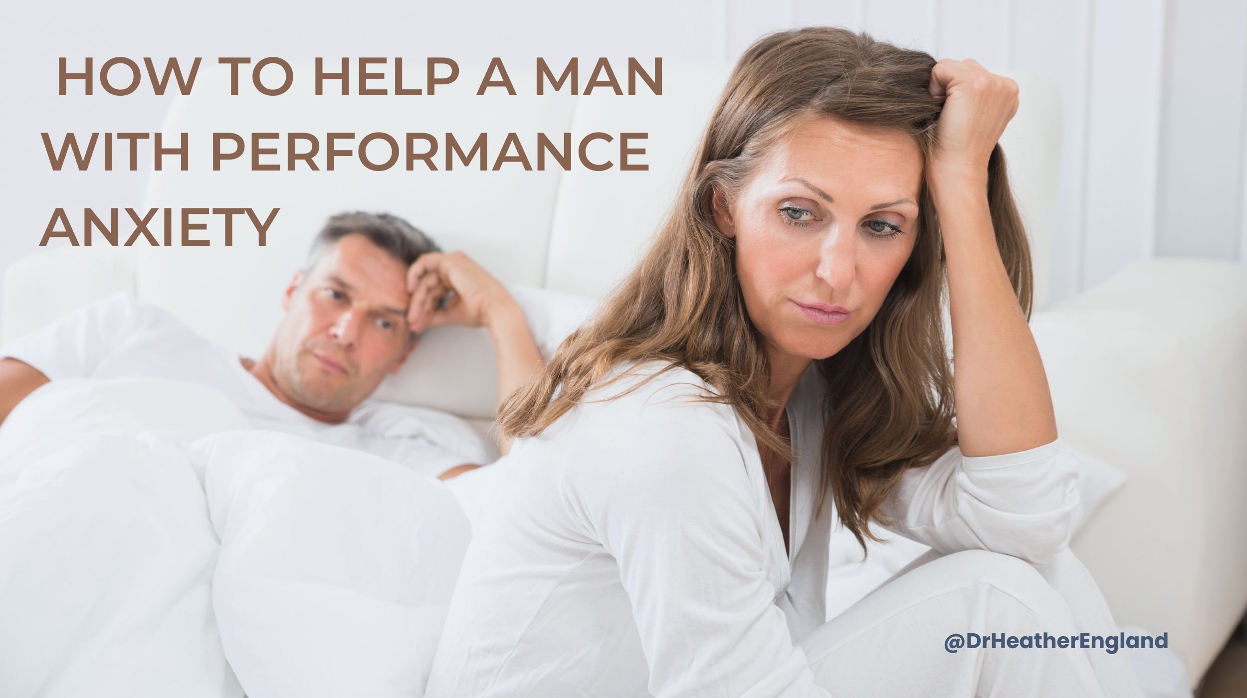midlife couple in bed and woman wondering how to help a man with performance anxiety