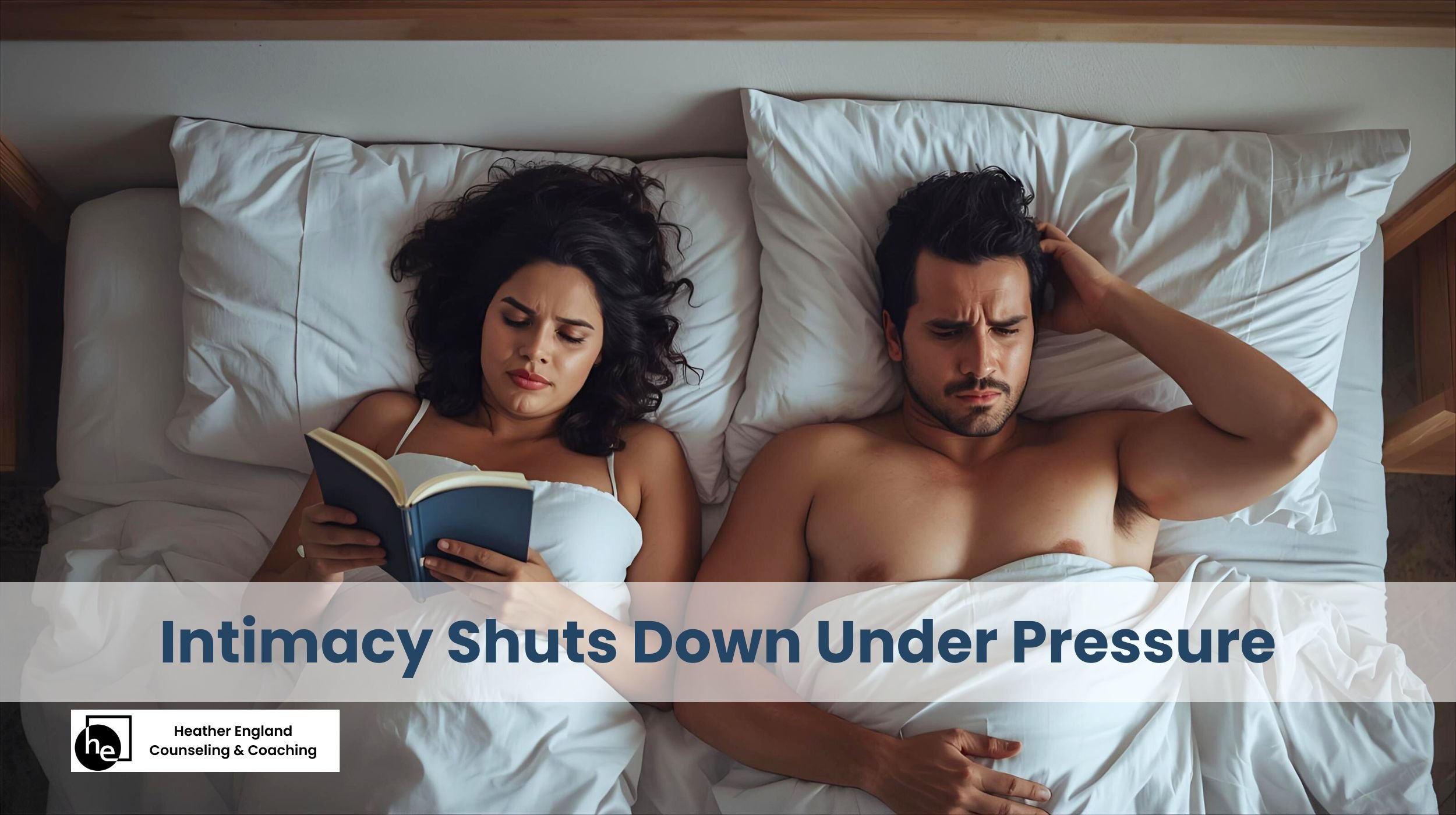 latino couple in bed woman is reading a book and man is sexually frustrated