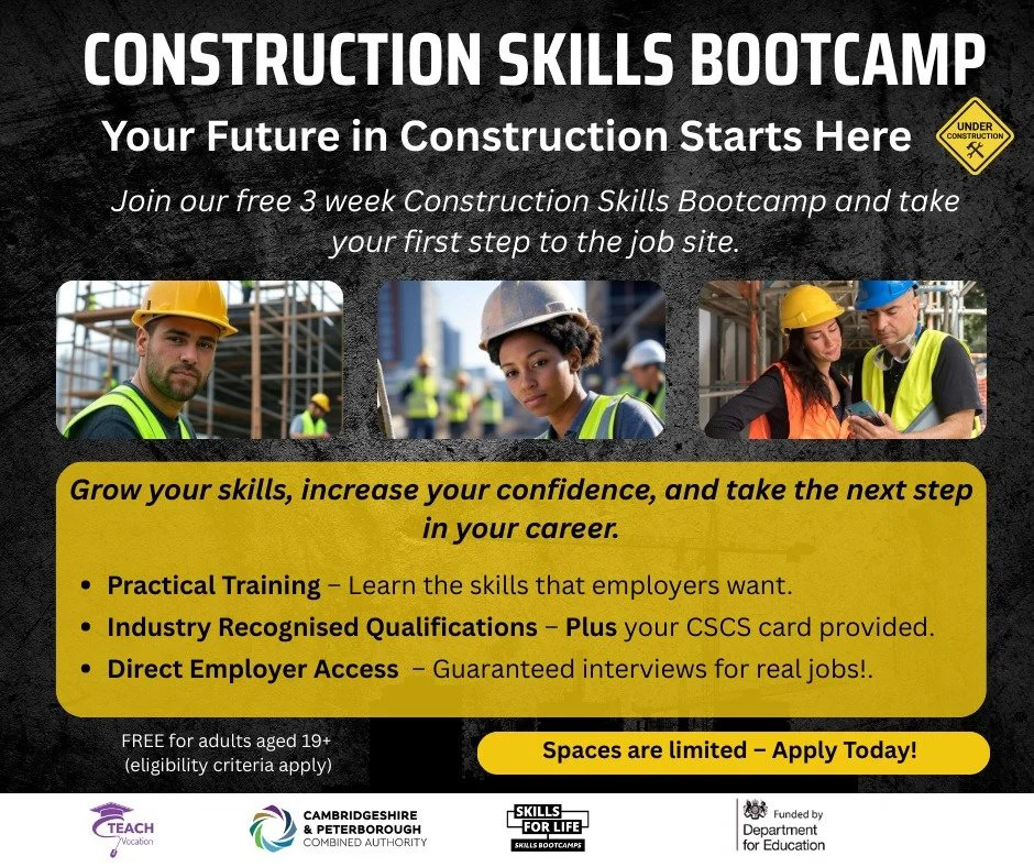 New Year - New Career!

Join our fully funded Cambridgeshire Construction Skills Bootcamp to get the skills and qualifications you need to start working in the thriving construction industry.

✅ Industry-recognised qualifications + your CSCS card
✅ G