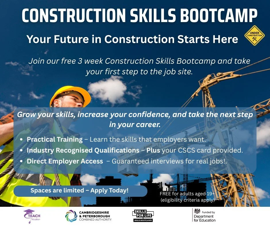 Join our fully funded Cambridgeshire Construction Skills Bootcamp to get the skills and qualifications you need to start working in the thriving construction industry.
✅ Industry-recognised qualifications + your CSCS card
✅ Guaranteed interviews with