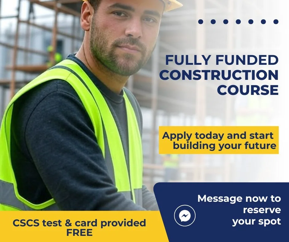 Ready to build a real future?

Our fully funded Construction course gives you the knowledge, site safety awareness and preparation needed to enter the construction industry, with your CSCS test and card included.

Gain practical knowledge, understand