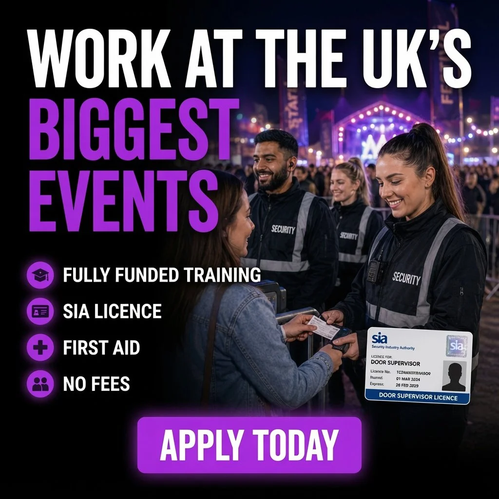Looking for a new career with real opportunities?

Our funded Security Training Programme gives you the qualifications, support and employer connections needed to start working in the security industry.

✔ Door Supervisor Training
✔ Emergency First A