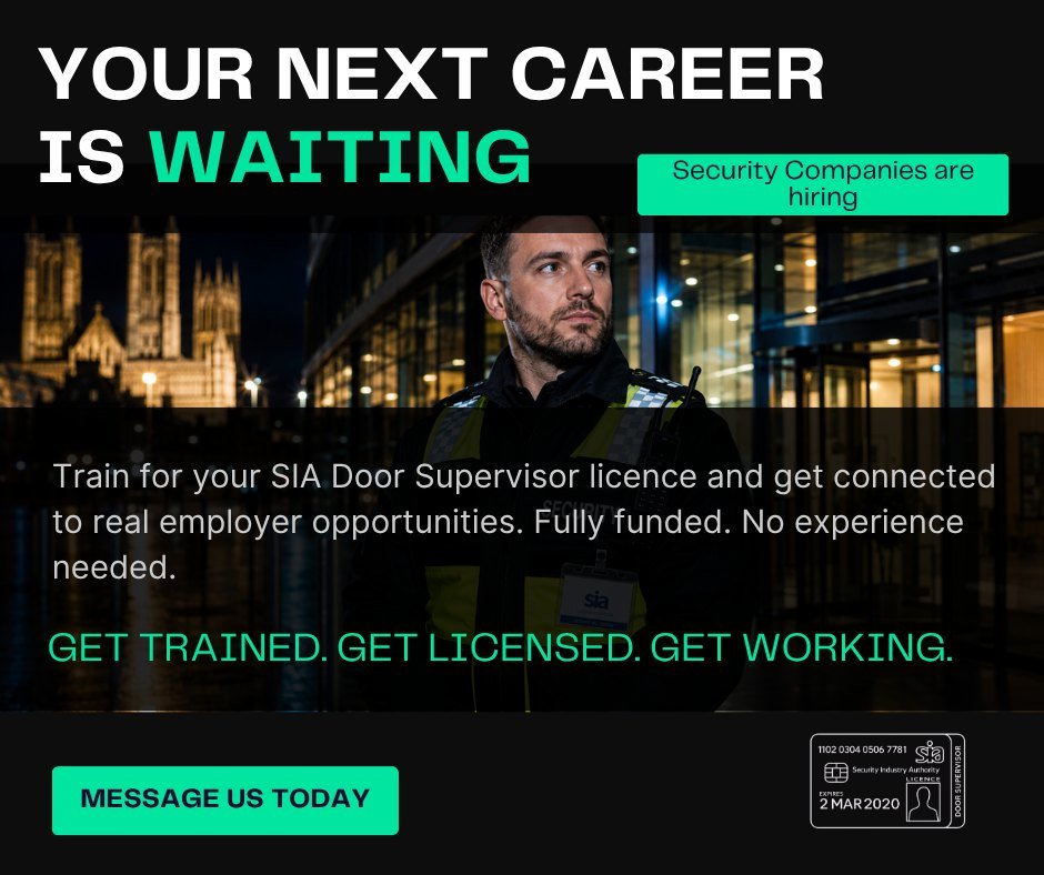 Looking for a new career with real opportunities?

Our funded Security Training Programme gives you the qualifications, support and employer connections needed to start working in the security industry.

✔ Door Supervisor Training
✔ Emergency First A