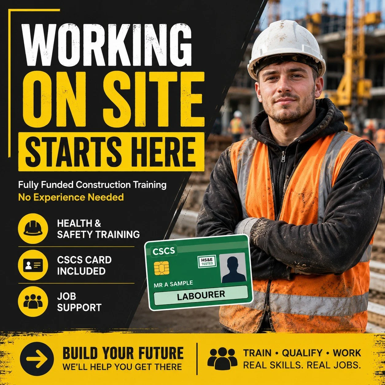 Ready to build a new future?

Our funded Construction Training Programme is designed to help you gain the skills, qualifications and confidence needed to start a career in the construction industry.

✔ Health &amp; Safety Qualifications
✔ CSCS Card S