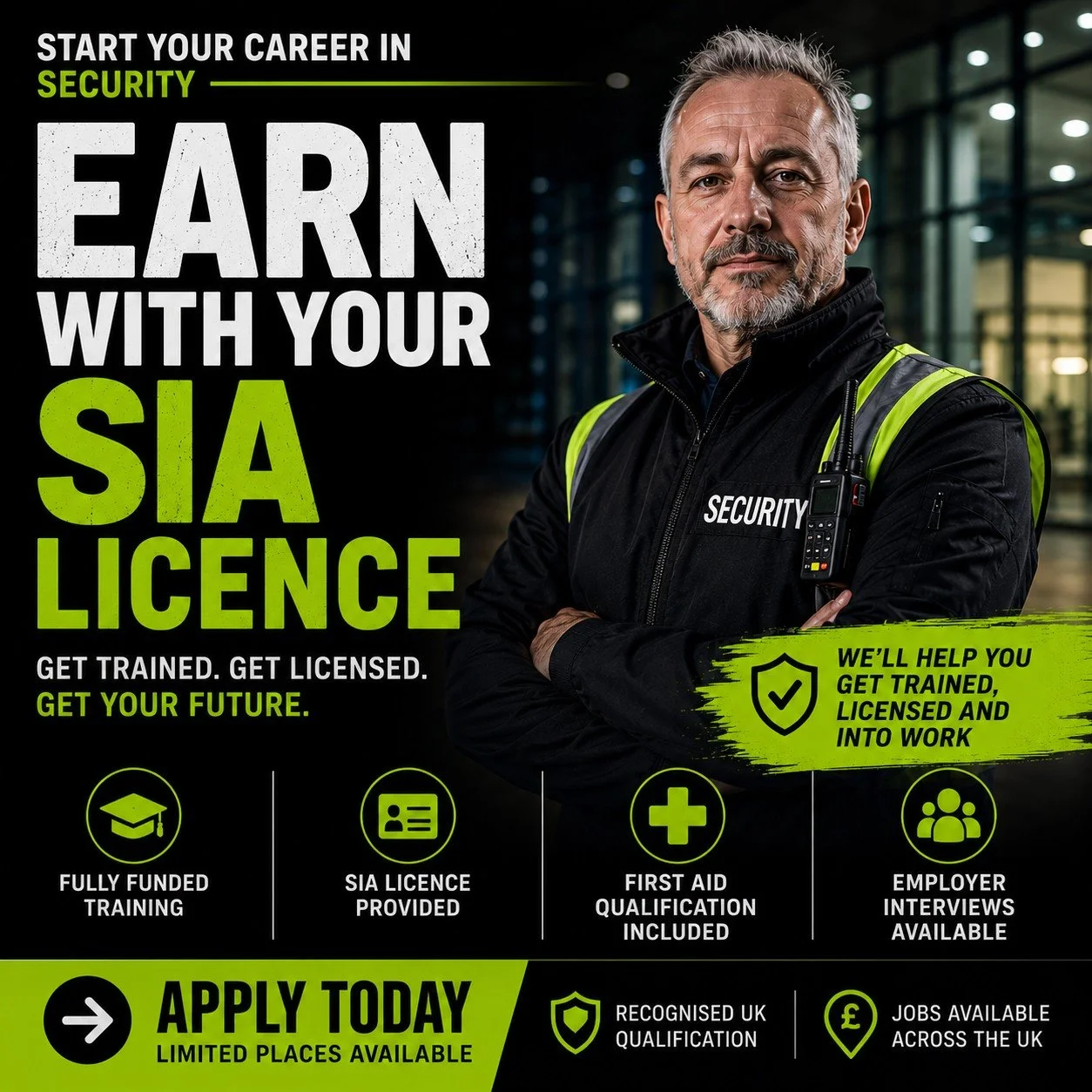 Looking for a new career with real opportunities?

Our funded Security Training Programme gives you the qualifications, support and employer connections needed to start working in the security industry.

✔ Door Supervisor Training
✔ Emergency First A