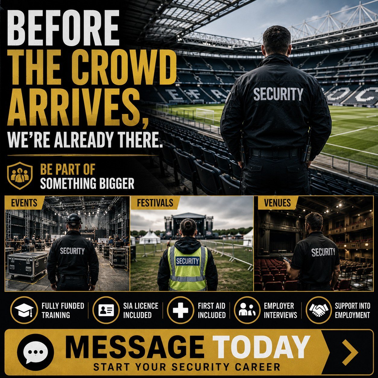 Looking for a new career with real opportunities?

Our funded Security Training Programme gives you the qualifications, support and employer connections needed to start working in the security industry.

✔ Door Supervisor Training
✔ Emergency First A