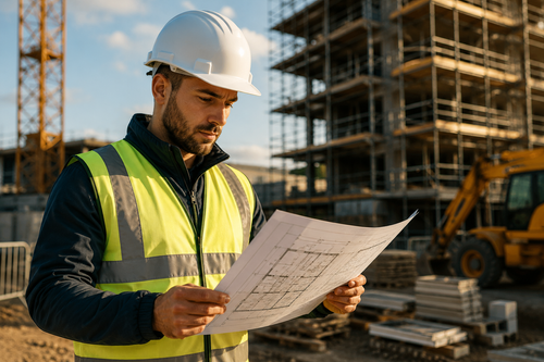 Representative image of a construction learner reviewing plans on site