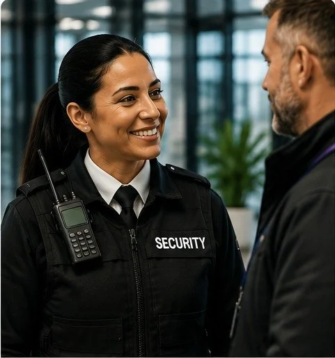 Adult learner in security uniform speaking with a colleague