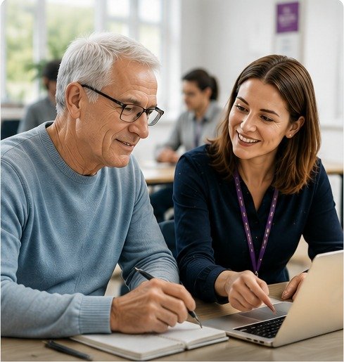 Mature adult learner working with a tutor in a bright classroom