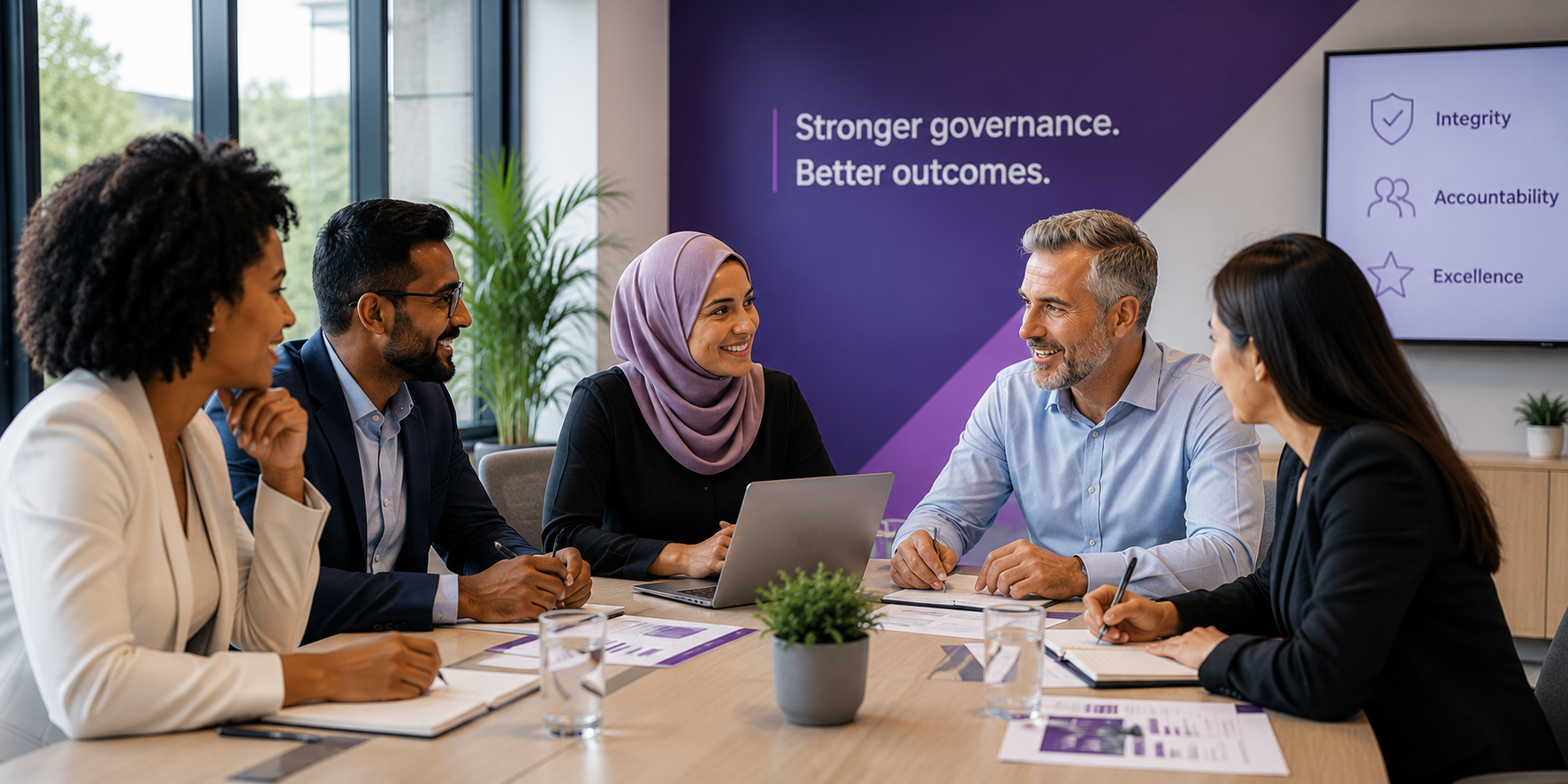 A diverse group of professionals collaborating in a governance meeting
