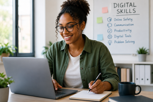 Learner using a laptop for digital skills training