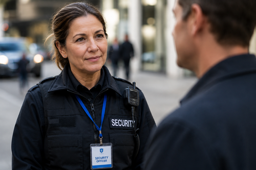 Female security officer speaking with a learner