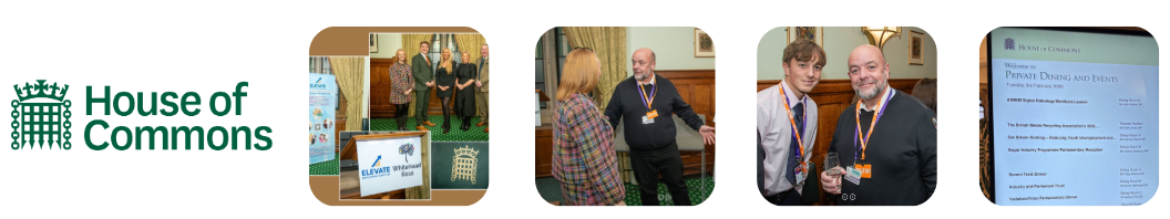 Banner and photos from a House of Commons event, showing a logo, a group of people in a professional setting, and a list of event details.