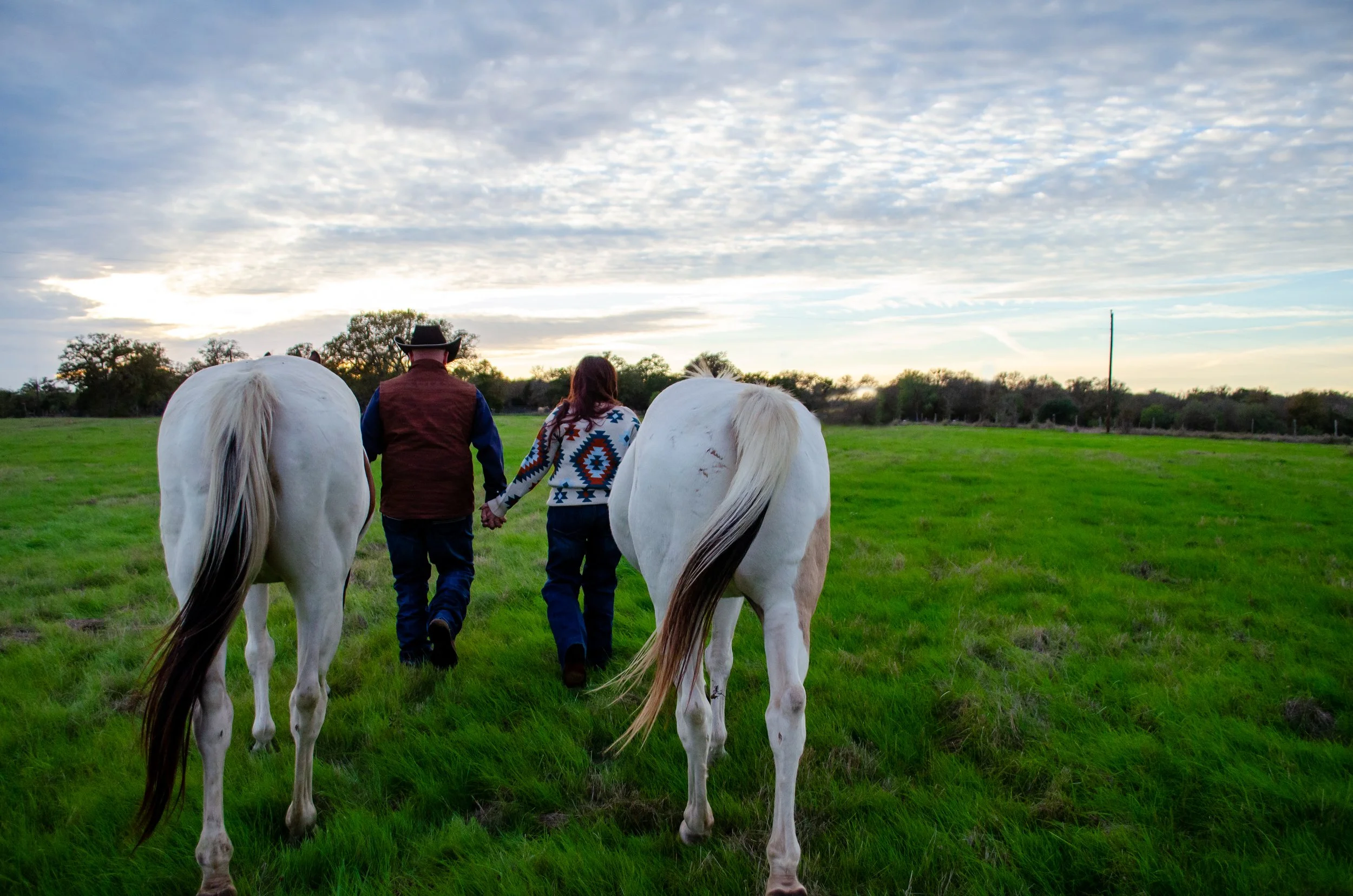 Two people walking hand in hand through a green field with two white horses, under a cloudy sky at sunset.