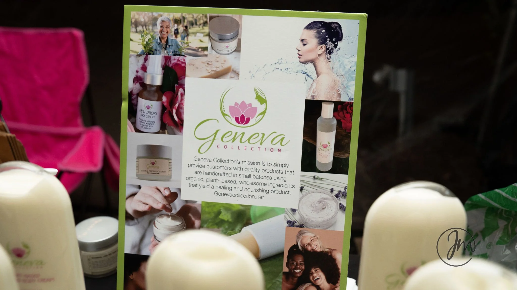 Brochure for Geneva Collection featuring images of women, skincare products, and ingredients, with a description of the company's mission to provide quality, handcrafted, organic skincare products.