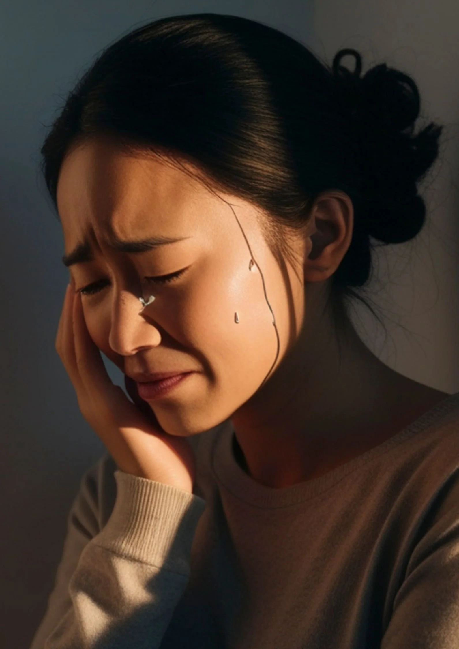 A young woman with dark hair tied in a low bun, closing her eyes, crying, touching her face with her left hand, in warm lighting.