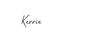 A handwritten-style logo with the name 'Kerrie' written in black on a white background.