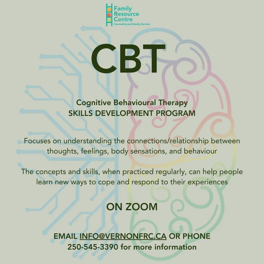 Flyer for a Cognitive Behavioral Therapy Skills Development Program by Family Resource Centre, with a background of digital circuit and brain illustrations.