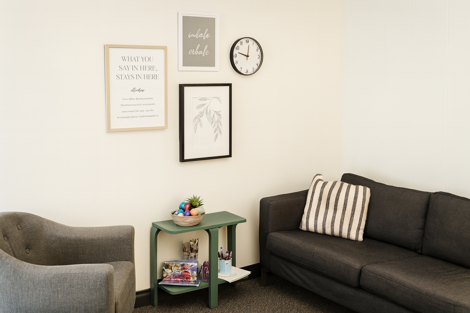 A waiting room with a dark gray sofa, a gray armchair, a green side table with succulents and art supplies, and a wall decorated with framed artwork and a clock.