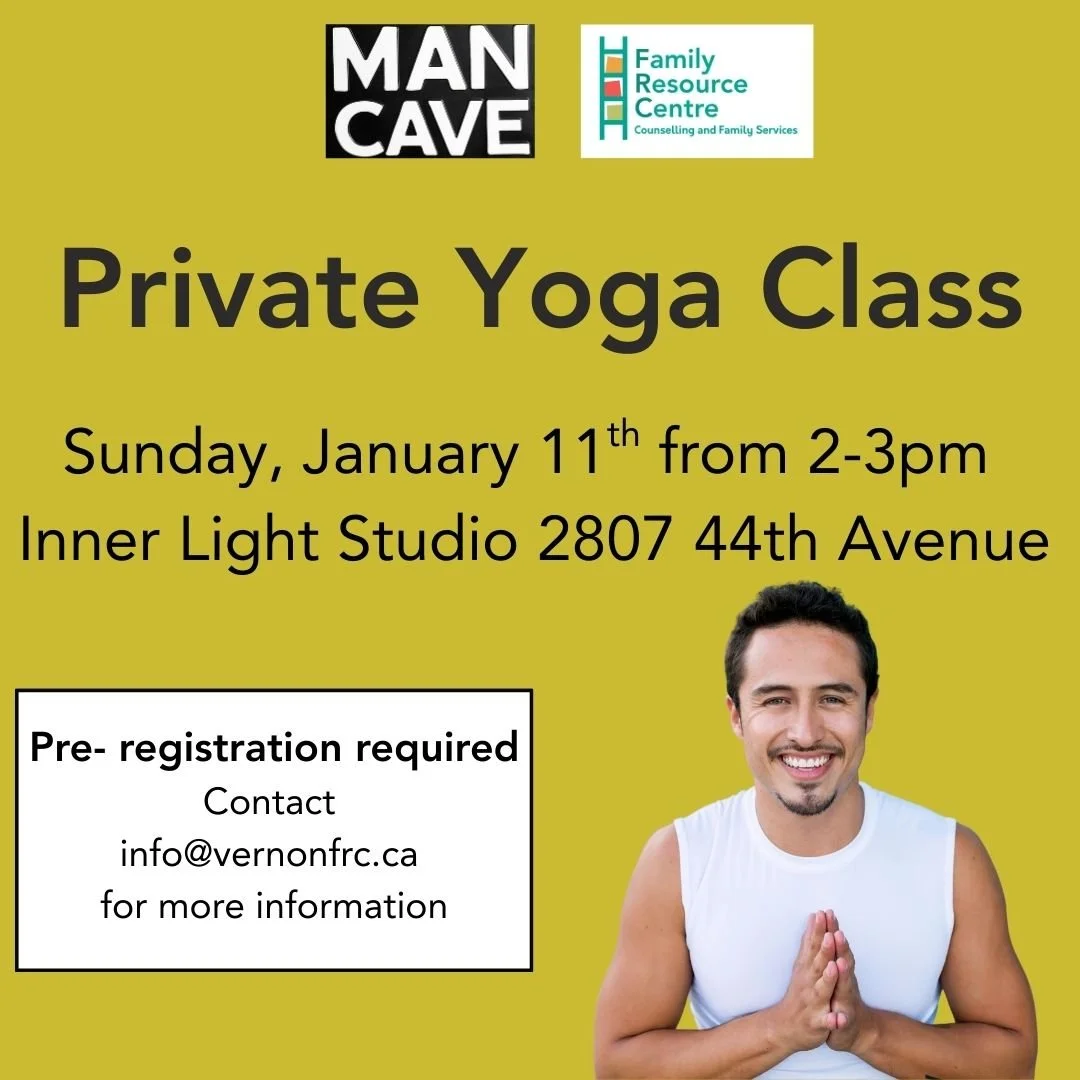Advert for a private yoga class on January 11th from 2 to 3 pm at Inner Light Studio, 2807 44th Avenue, with a smiling man in a white tank top with hands in prayer position.
