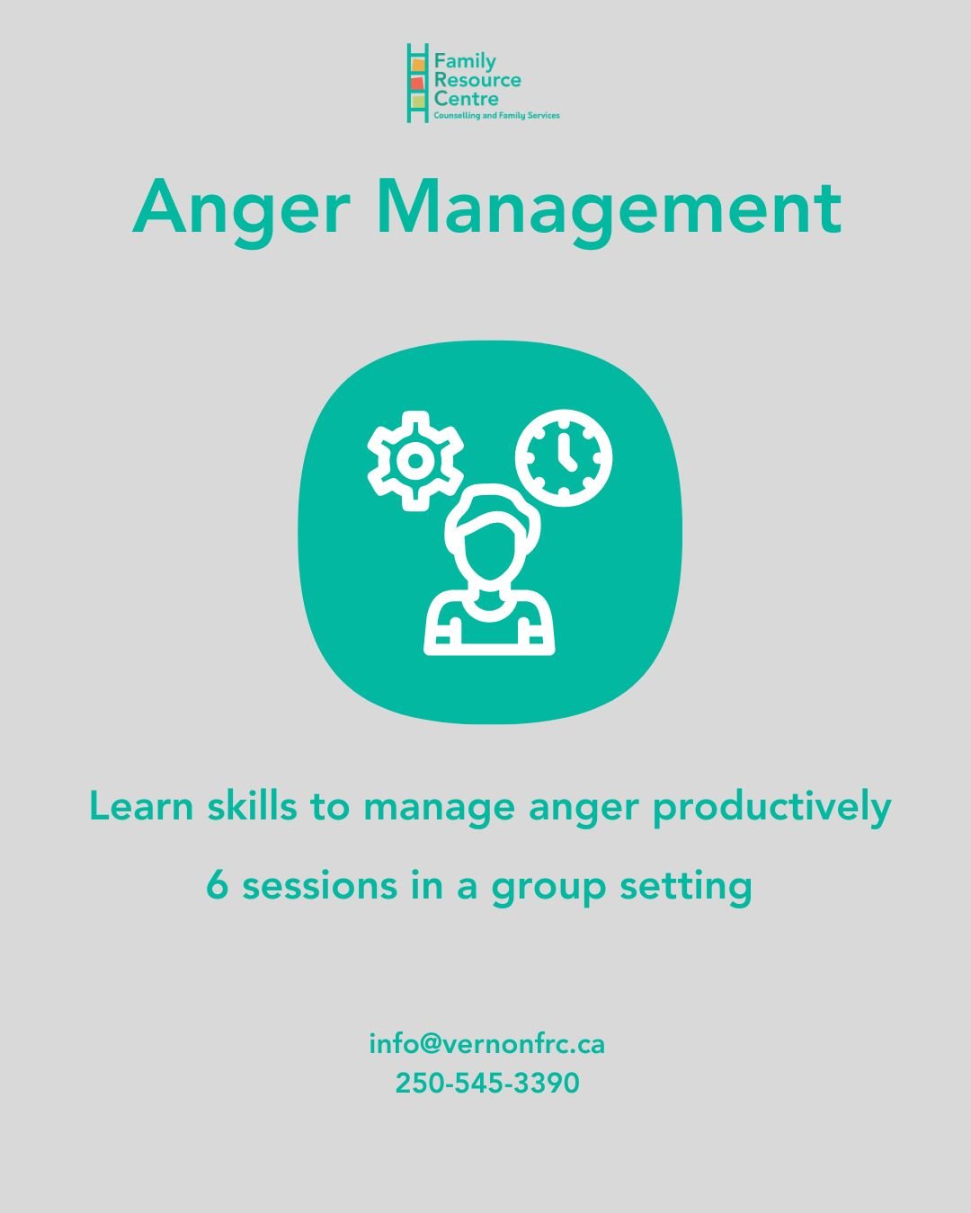 Flyer for a group session on anger management by Family Resource Centre, featuring an icon of a person with gears and a clock, with contact information at the bottom.