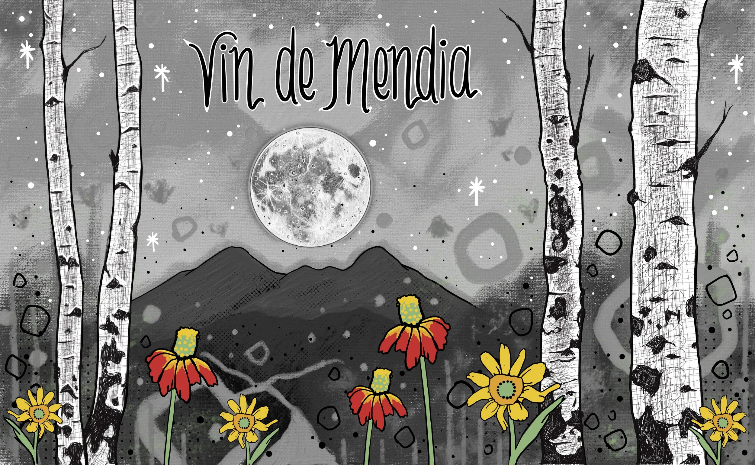 Digital illustration for the Vin de Mendia wine bottle for Oeno Wine Lounge in Flagstaff, Arizona. 