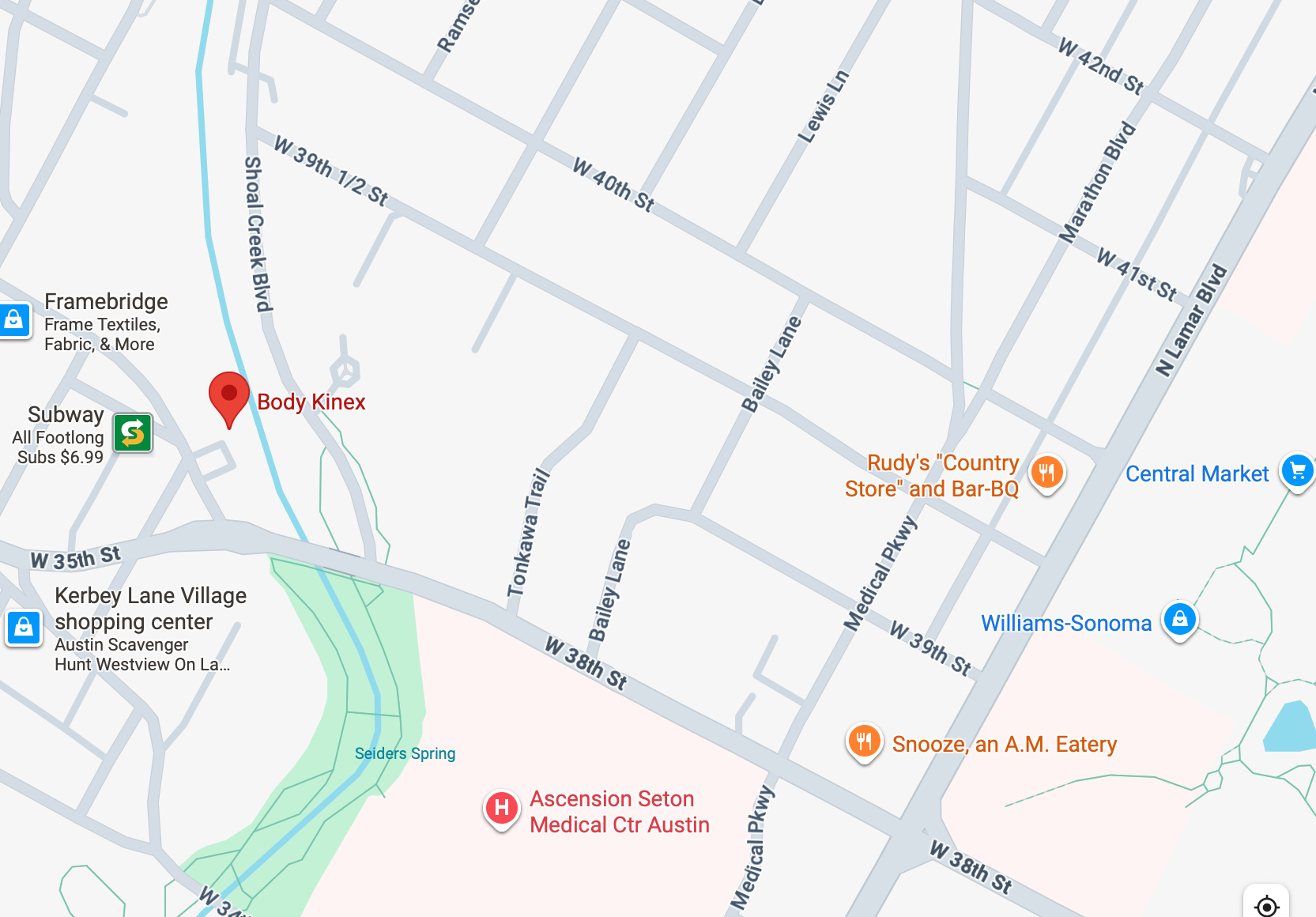 Map showing streets and landmarks including Body Kinex, Rudy's Country Store and Bar-BQ, and Ascension Seton Medical Center Austin in Austin, Texas.